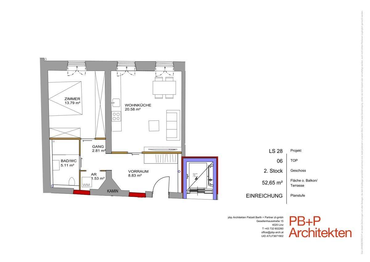 Grundriss einer Wohnung mit Wohnküche, Zimmer, Bad und Kamin auf 52,65 m².