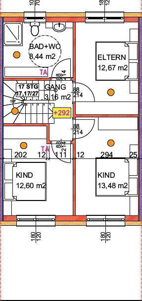Grundriss des Obergeschosses mit Schlafzimmern, Kinderzimmern und einem Badezimmer mit WC.
