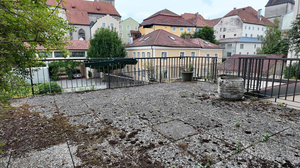 Große, ungepflegte Terrasse mit Blick auf die Dächer der umliegenden historischen Gebäude.