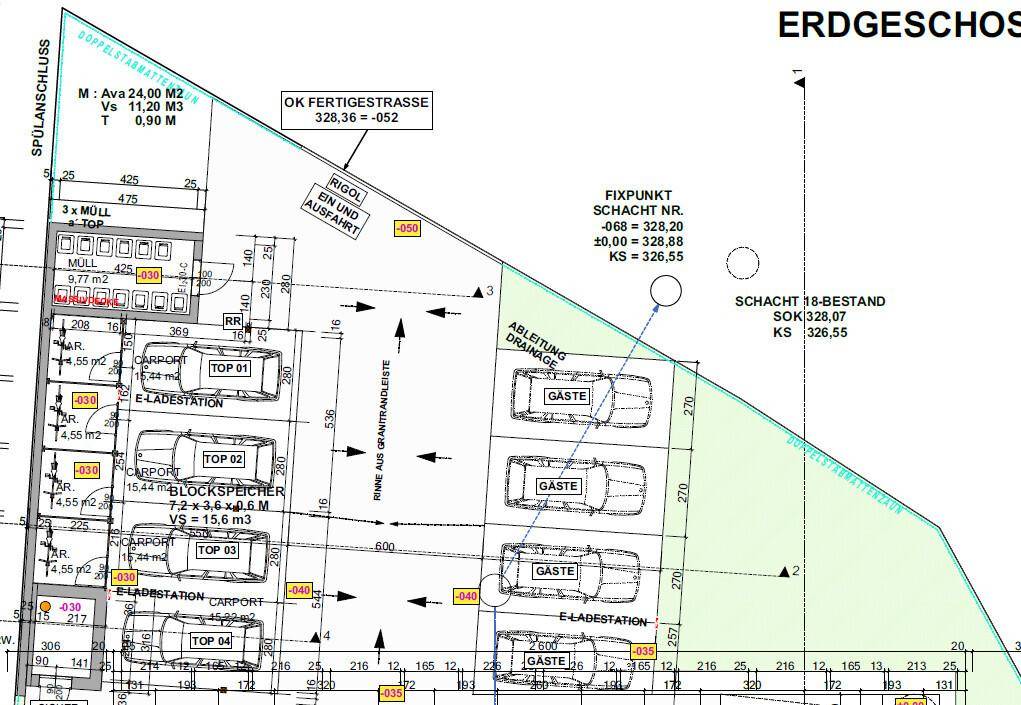 Lageplan des Erdgeschosses mit mehreren Carports, E-Ladestationen und Müllbereichen.
