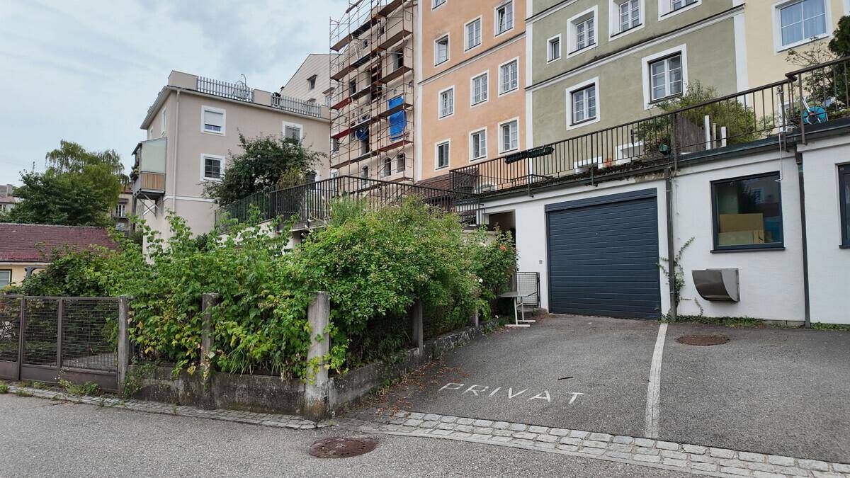 Rückansicht eines Gebäudekomplexes mit Garagenzufahrt und üppiger, wilder Vegetation.
