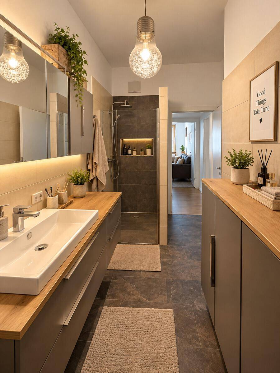 Modernes Badezimmer mit großer begehbarer Dusche, Doppelwaschbecken und Holzdetails.