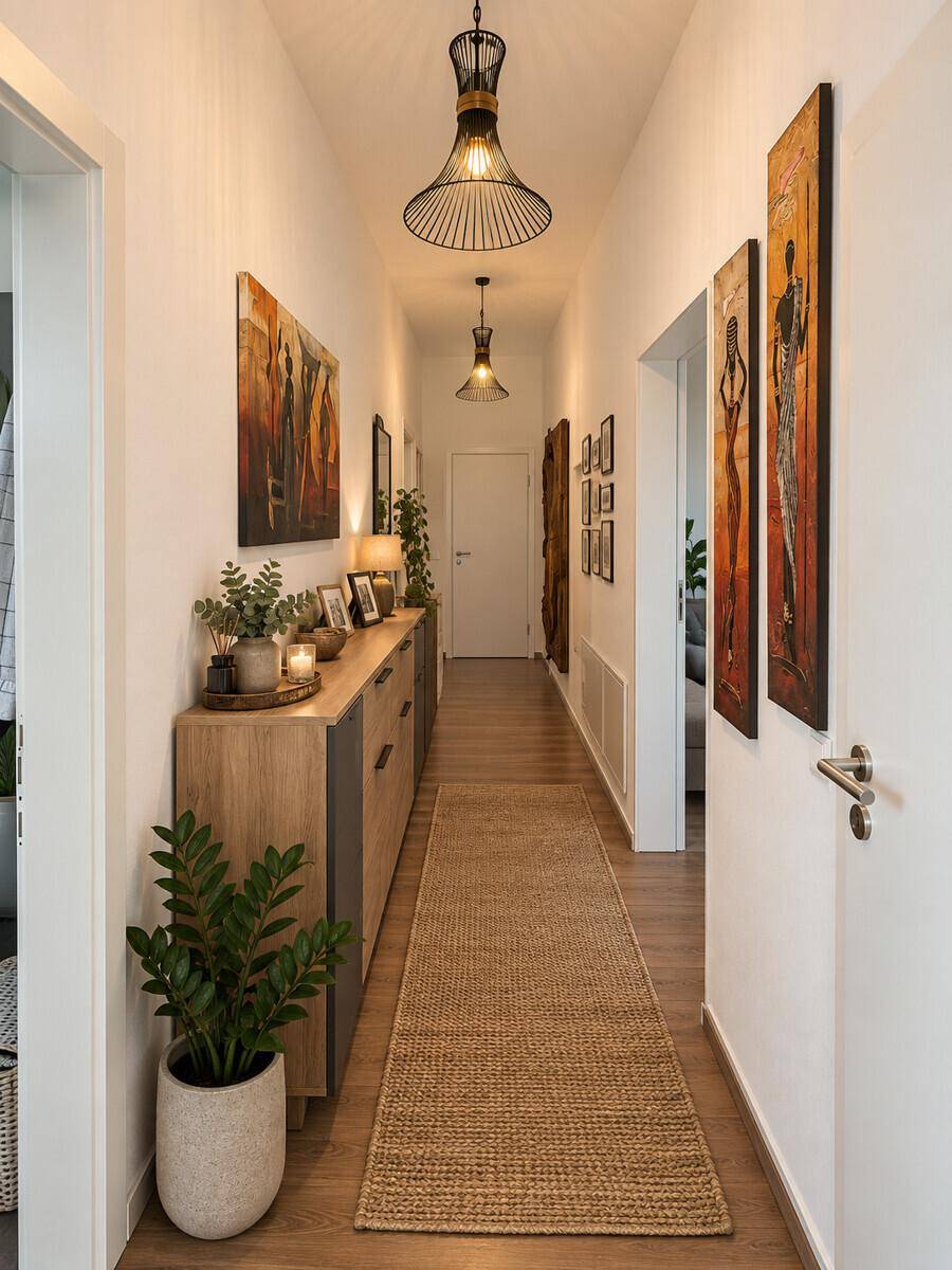 Langer Flur mit Holzboden, moderner Kommode und dekorativen Kunstwerken.