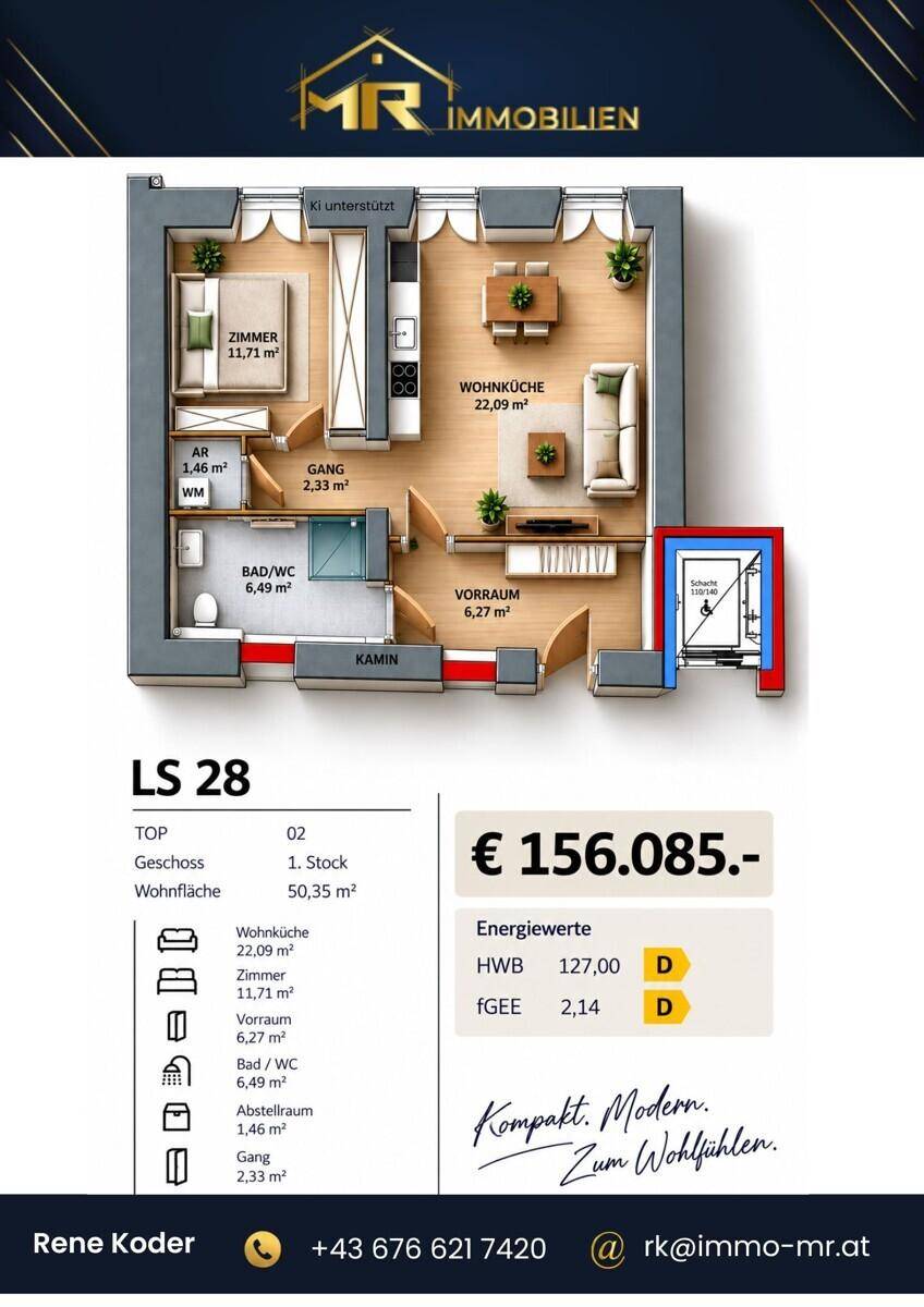 Grundriss einer Wohnung mit offener Wohnküche, Schlafzimmer, Bad und Kamin im ersten Stock.