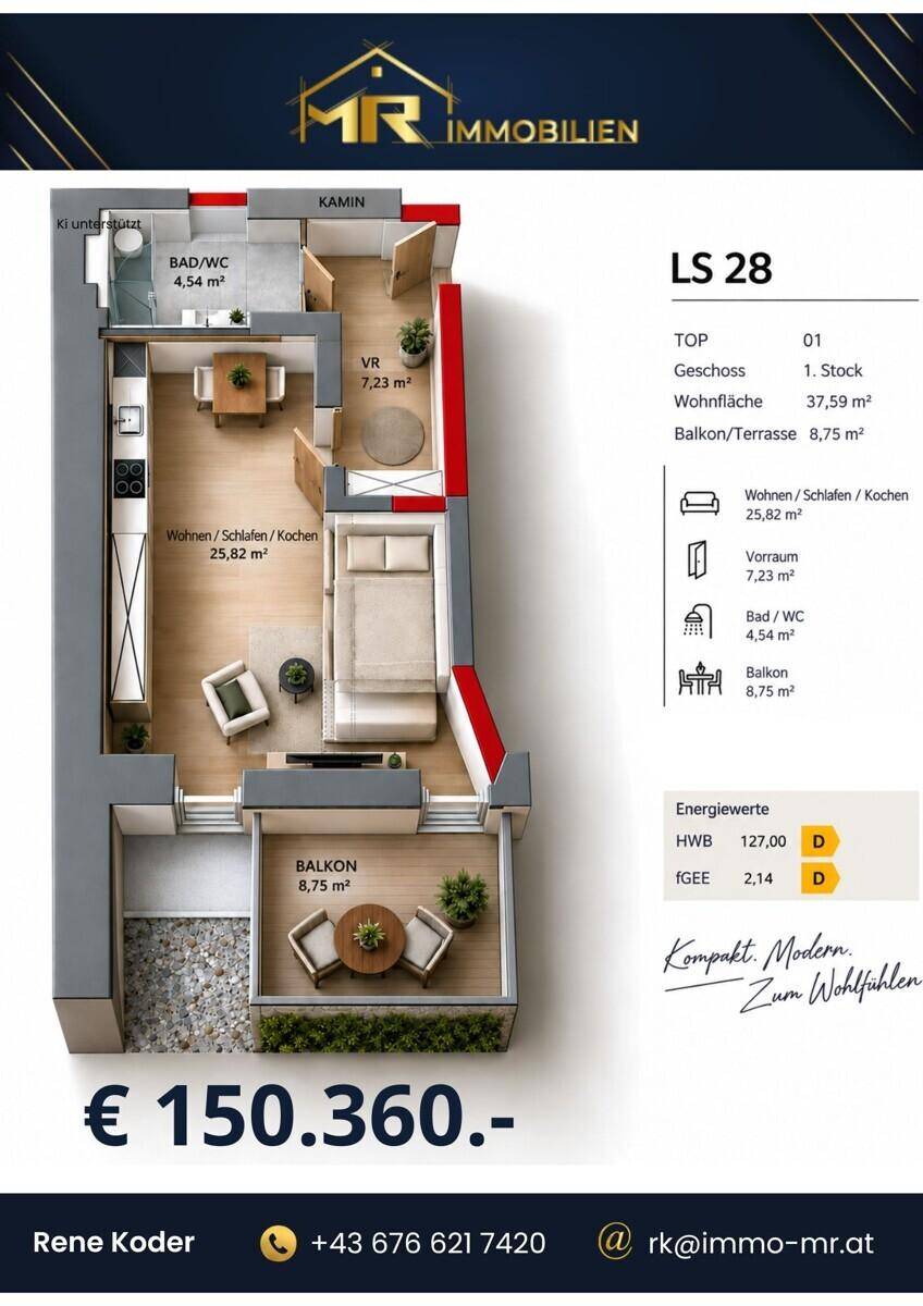 Grundriss einer modernen Wohnung mit offenem Wohn-/Schlaf-/Kochbereich, Bad und Balkon.