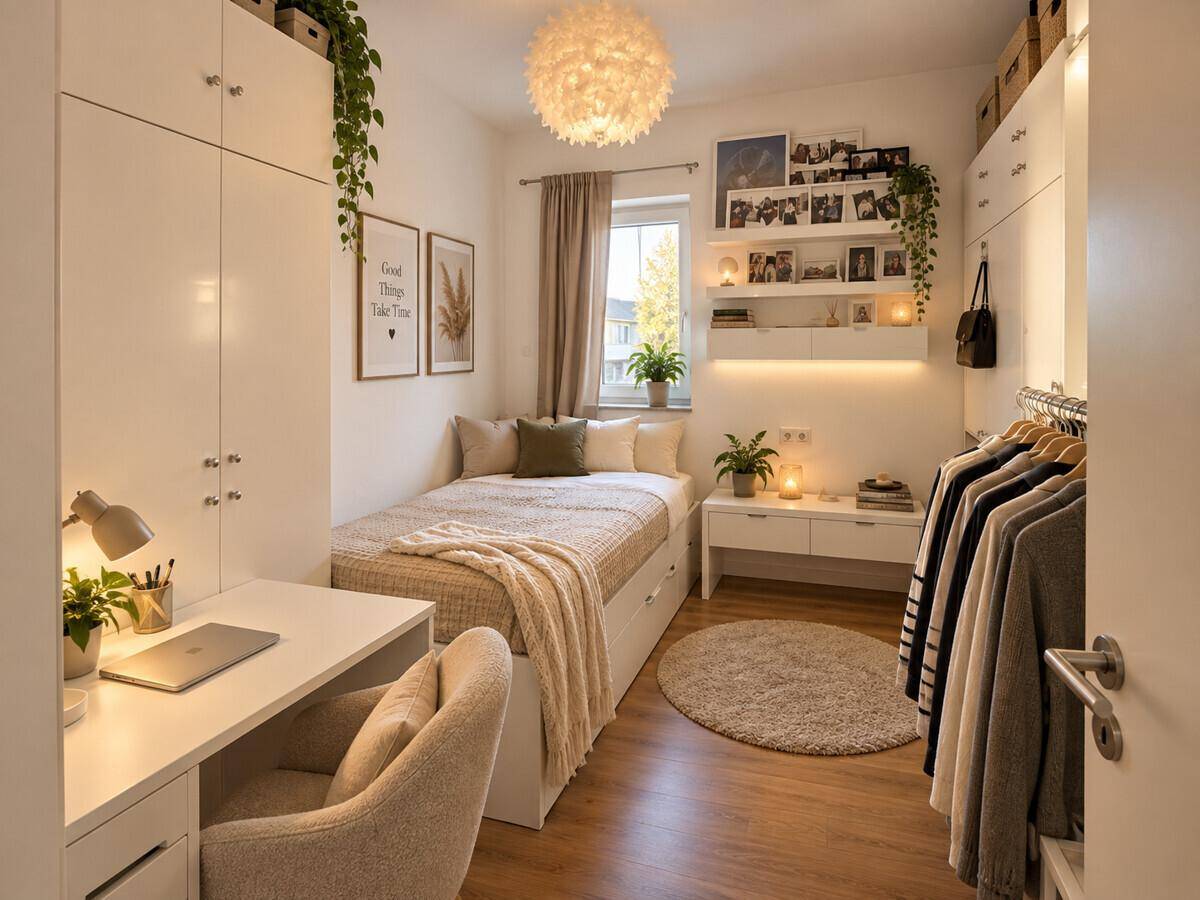 Gemütliches Schlafzimmer mit Einzelbett, Schreibtisch und integrierten Schränken.