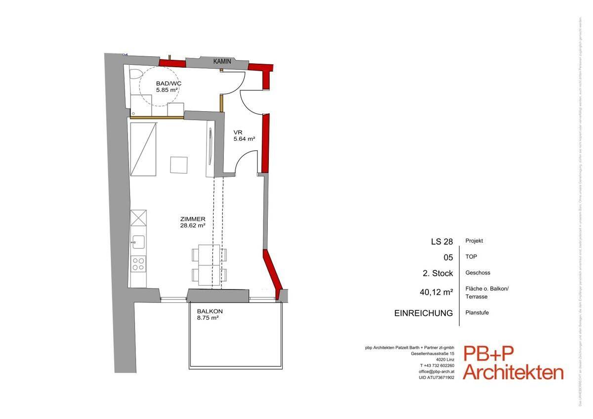 Grundriss einer 2-Zimmer-Wohnung mit 40,12 m² Wohnfläche, Balkon und integrierter Küche.