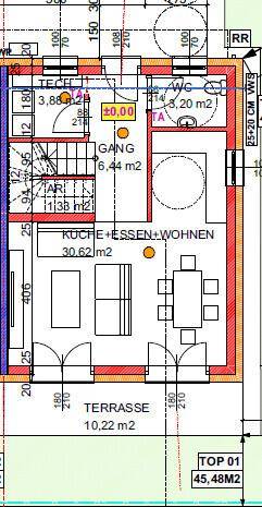 Grundriss des Erdgeschosses mit offenem Wohnbereich, Küche, Esszimmer und Terrasse.