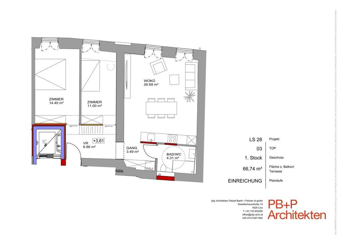 Detaillierter Grundriss einer Wohnung mit zwei Schlafzimmern, offenem Wohn-Kochbereich und einem Badezimmer.