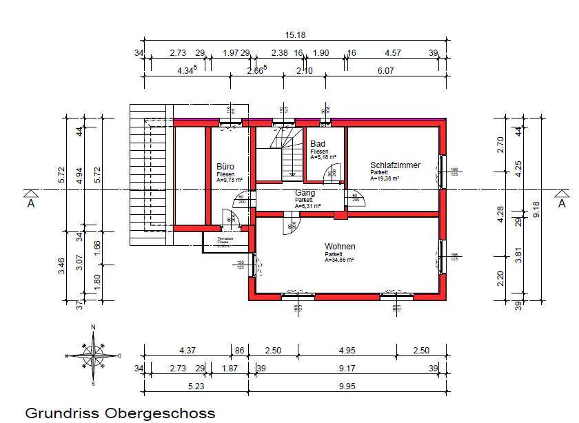 Grundriss des Obergeschosses mit Büro, Bad, Schlafzimmer und Wohnzimmer.