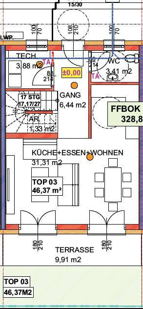 Grundriss des Erdgeschosses mit offenem Wohn-, Ess- und Küchenbereich sowie Zugang zur Terrasse.