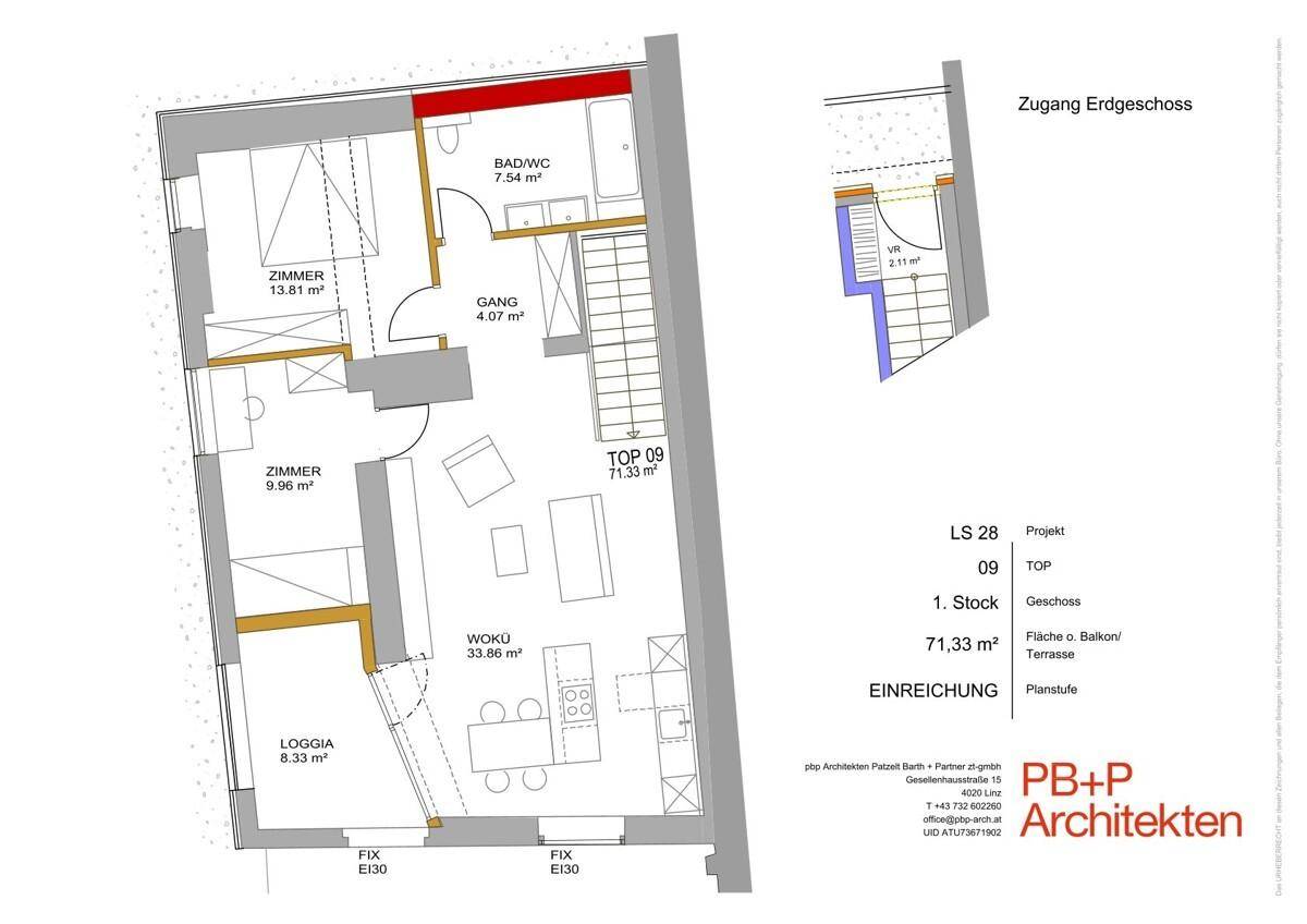 Grundriss einer Wohnung im ersten Stock mit Wohnküche, zwei Zimmern, Bad und Loggia.