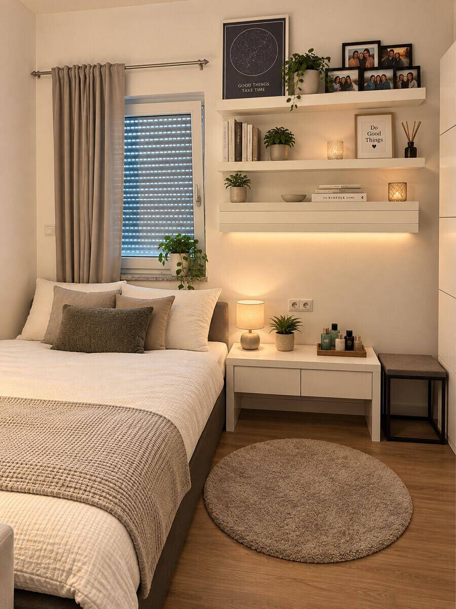 Modern eingerichtetes Schlafzimmer mit bequemen Bett, Nachttisch und dekorativen Regalen.