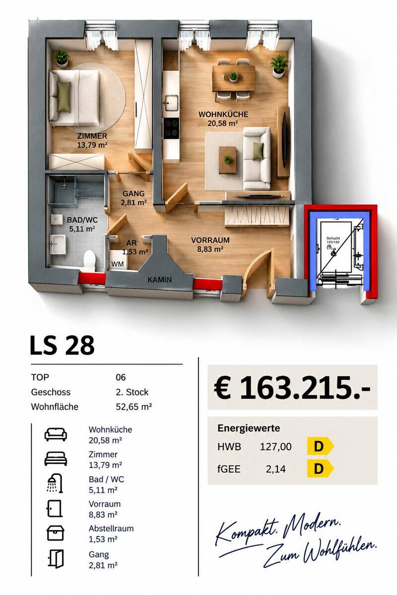 Detaillierter 3D-Grundriss einer modernen Wohnung mit offener Wohnküche, Schlafzimmer und Kamin.