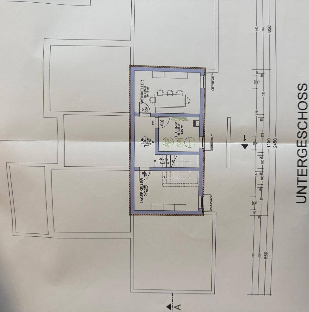 Grundriss des Untergeschosses mit Weinkeller, Lagerraum und Technikraum.