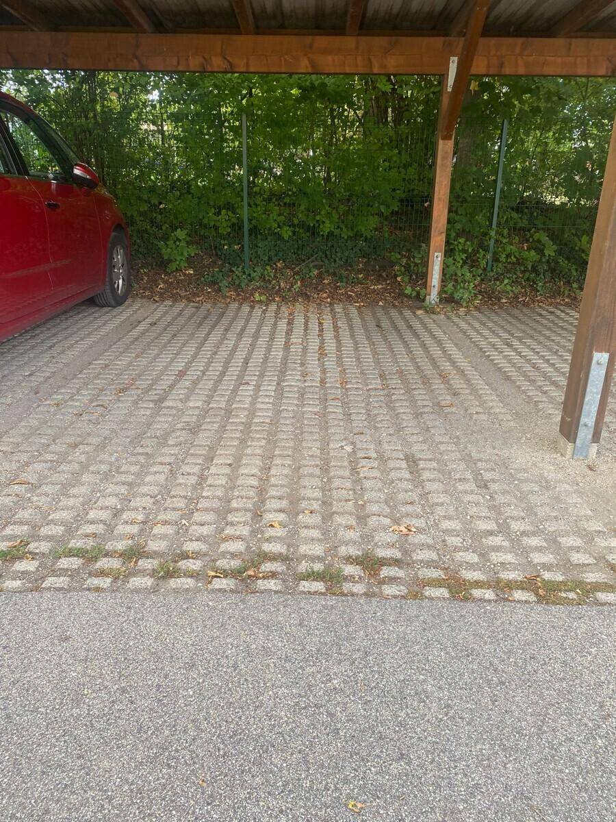Überdachter Stellplatz unter einem Holzcarport mit Blick ins Grüne.