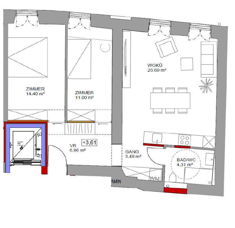 Grundriss einer Wohnung mit zwei Zimmern, Wohnküche, Bad/WC, Gang und Vorraum.