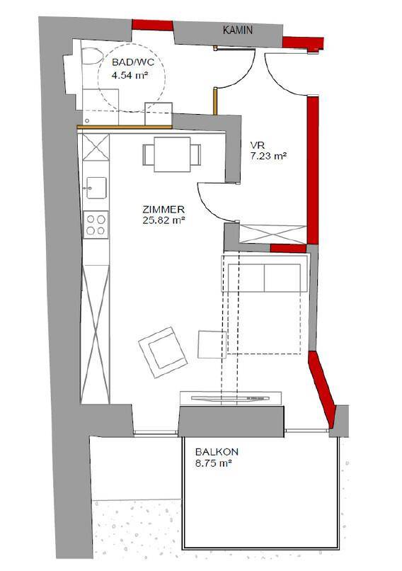 Grundriss einer Wohnung mit einem Zimmer, Bad/WC, Vorraum, Küche und Balkon.