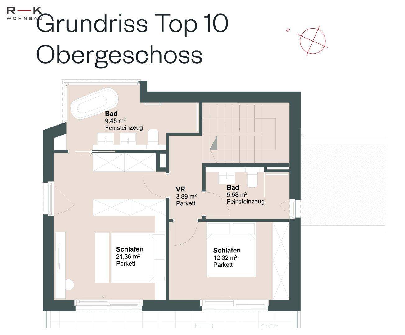 Grundriss des Obergeschosses mit zwei Schlafzimmern und zwei Bädern.