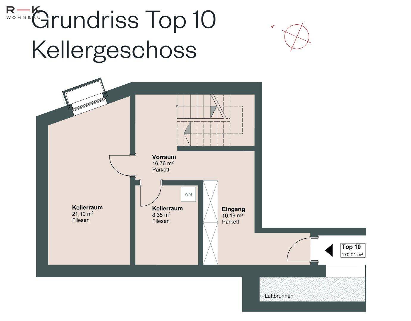 Grundriss des Kellergeschosses mit Kellerräumen und Eingangsbereich.