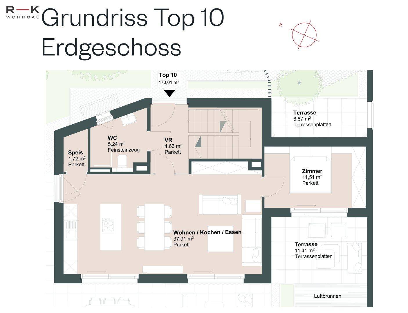Grundriss des Erdgeschosses mit offenem Wohn-/Koch-/Essbereich und zwei Terrassen.