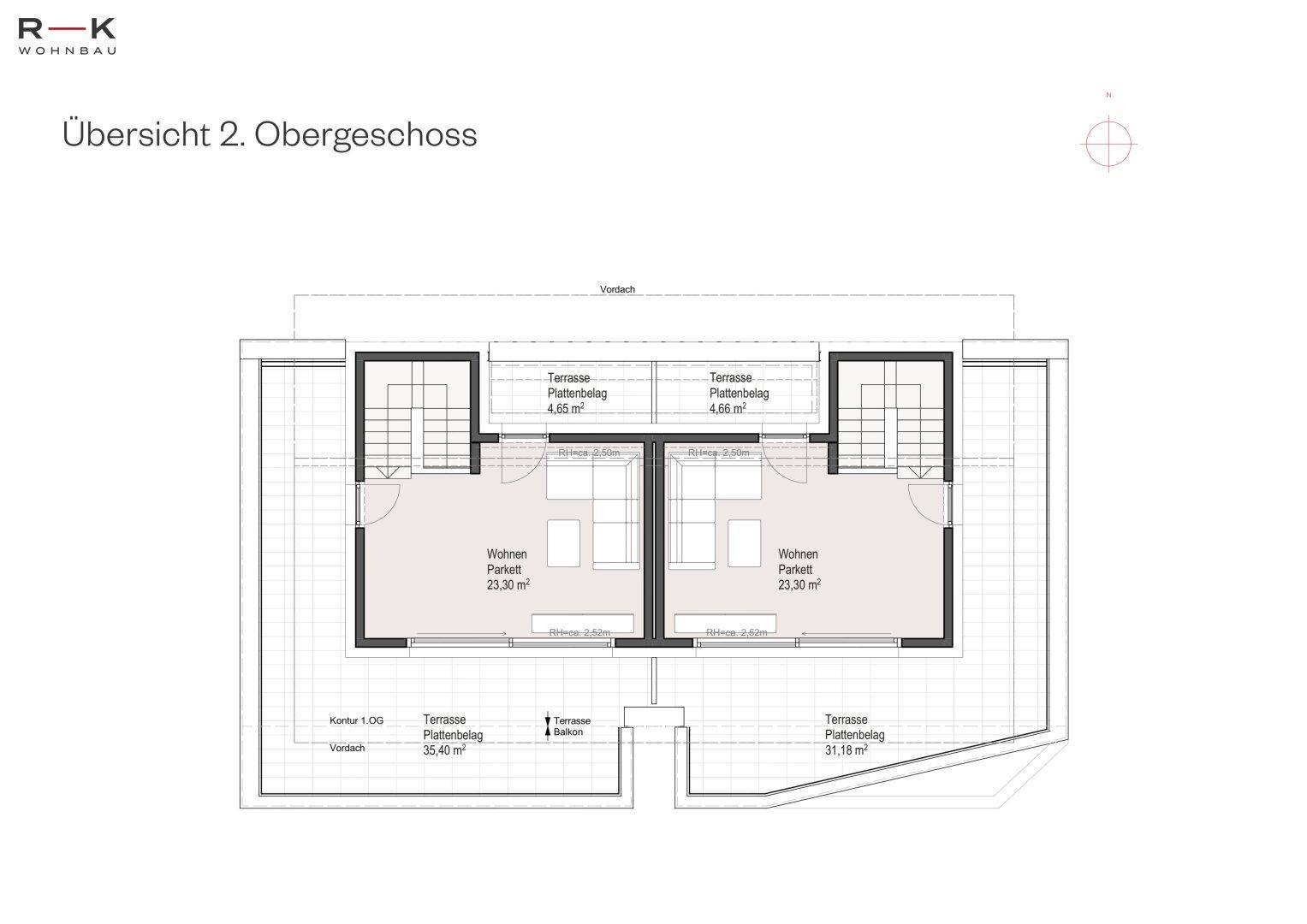 Grundriss des zweiten Obergeschosses mit zwei Wohneinheiten, jeweils mit Wohnbereich und Terrasse.