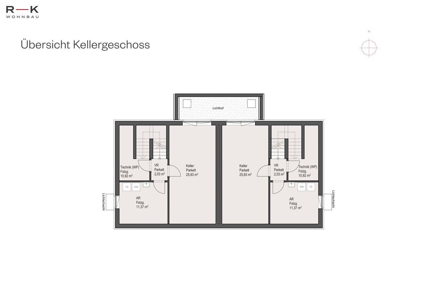 Grundriss des Kellergeschosses mit zwei Einheiten, jeweils mit Keller, Technikraum und Abstellraum.