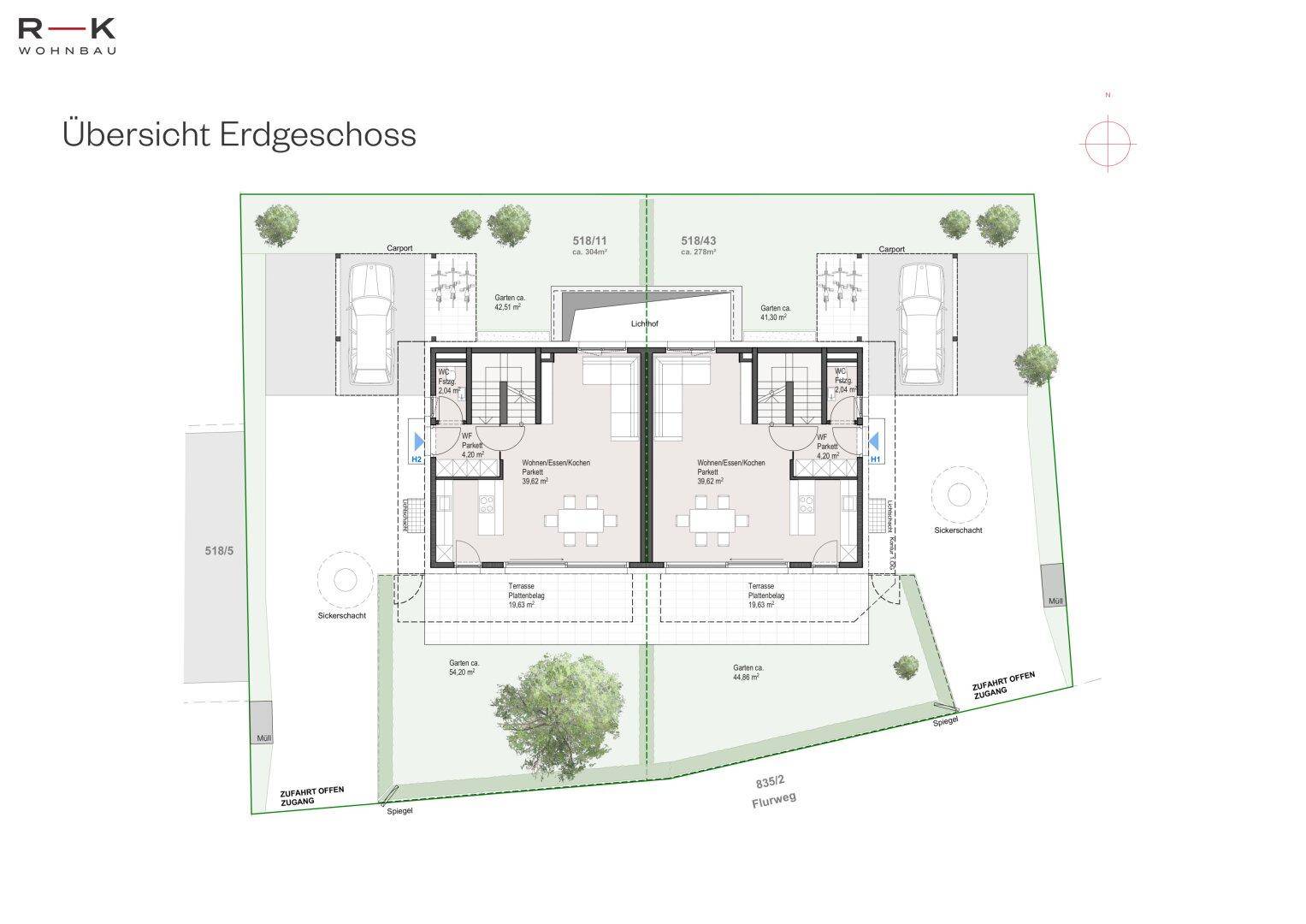 Grundriss des Erdgeschosses mit zwei Wohneinheiten, Terrassen, Gärten und Carports.