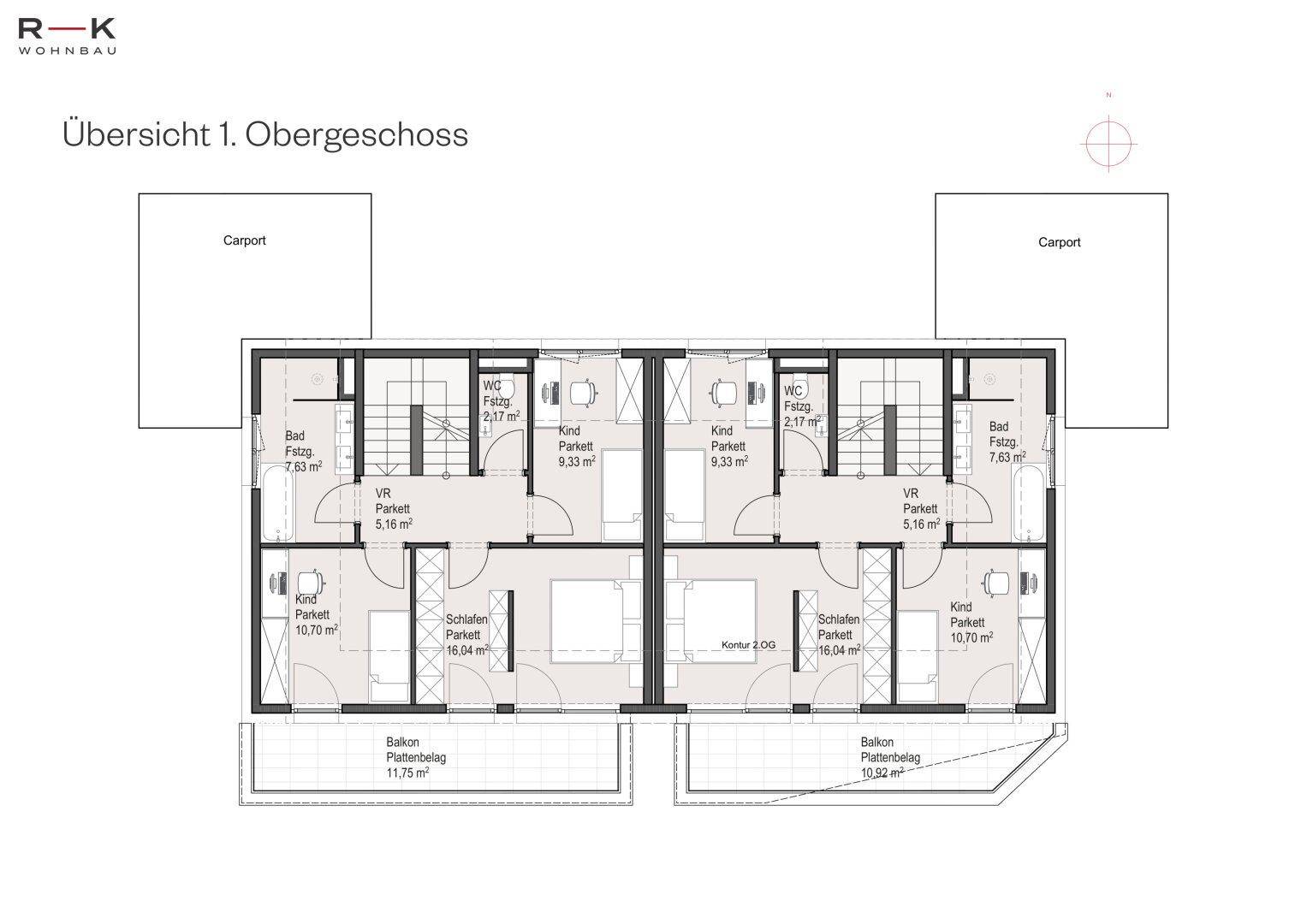 Grundriss des ersten Obergeschosses mit zwei Wohneinheiten, Schlafzimmern, Bädern und Balkonen.