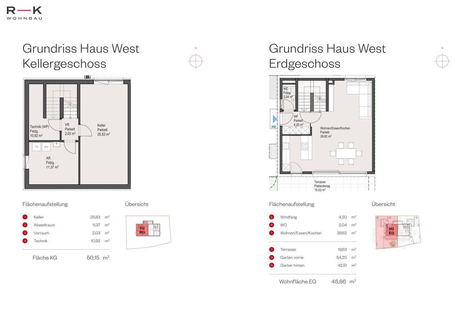 Detaillierte Grundrisse des Keller- und Erdgeschosses von Haus West mit Flächenaufstellung.