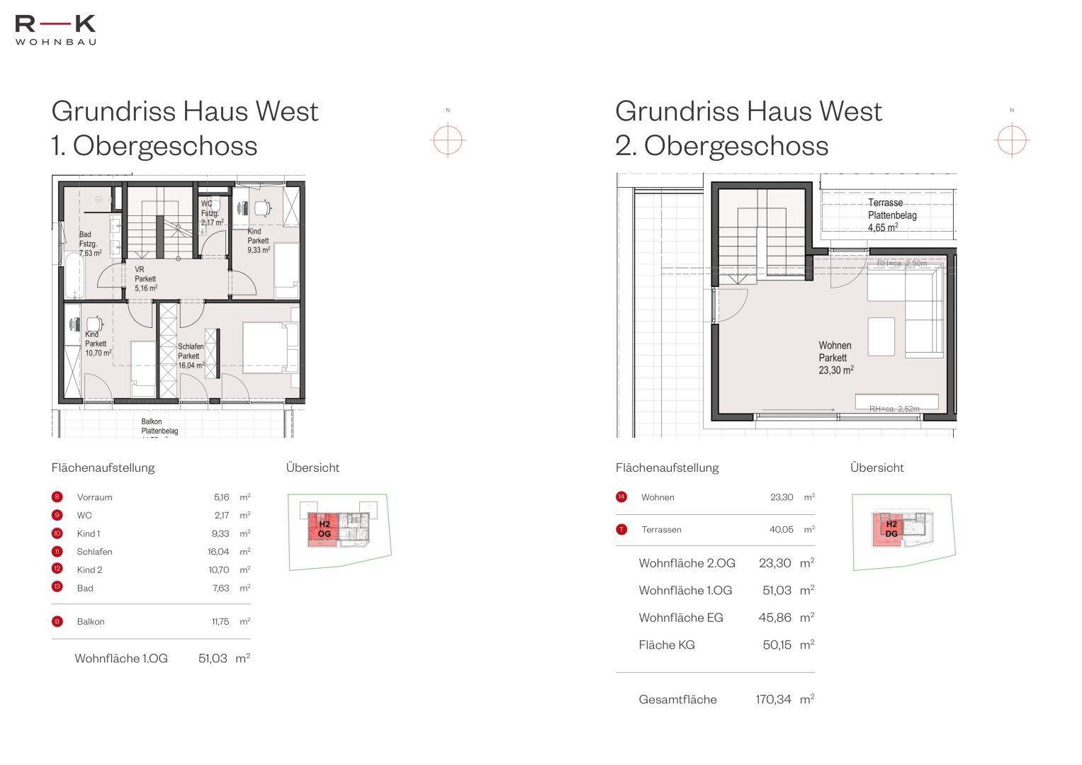 Detaillierte Grundrisse des ersten und zweiten Obergeschosses von Haus West mit Balkon und Terrasse.
