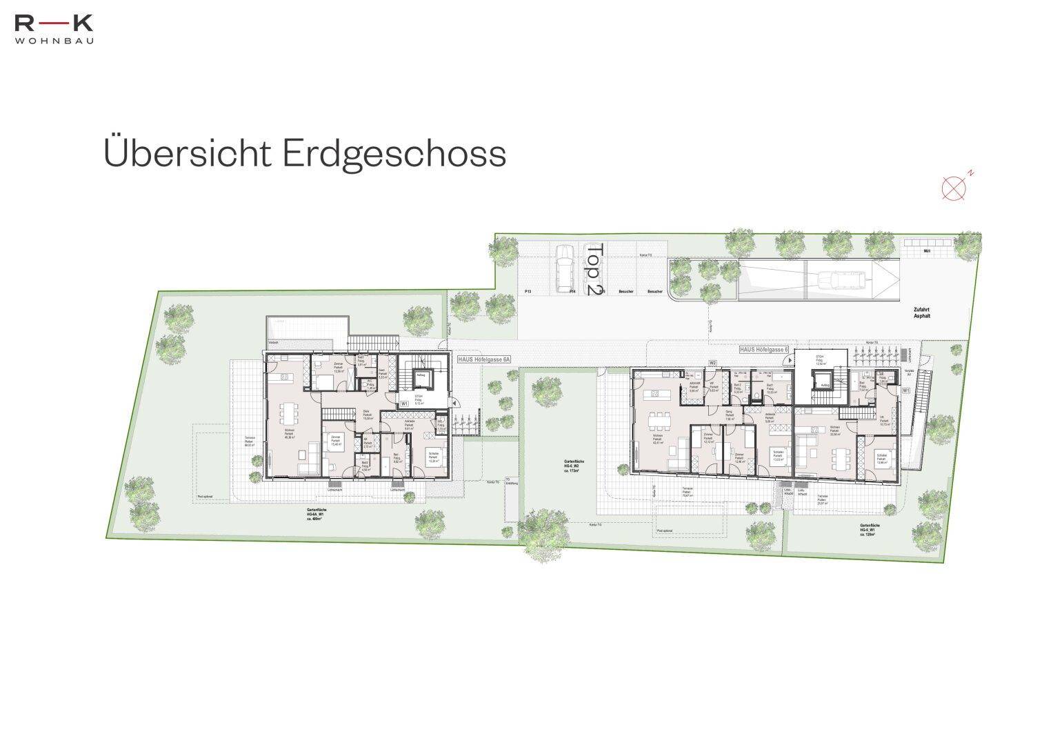 Übersichtsplan des Erdgeschosses mit zwei Wohneinheiten, jeweils mit Garten und Terrasse.
