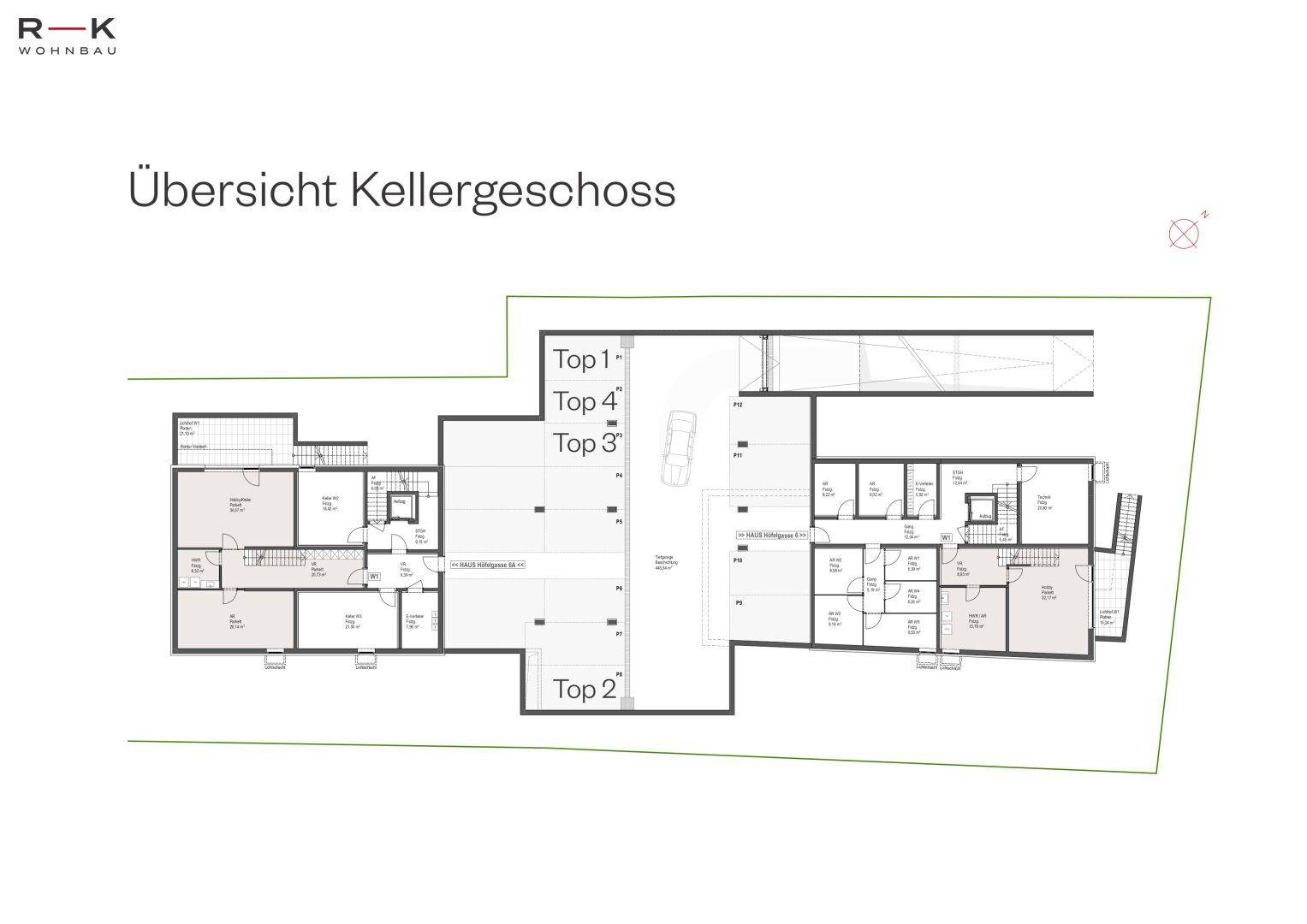 Übersichtsplan des Kellergeschosses mit Abstellräumen für mehrere Einheiten und einer Tiefgarage.