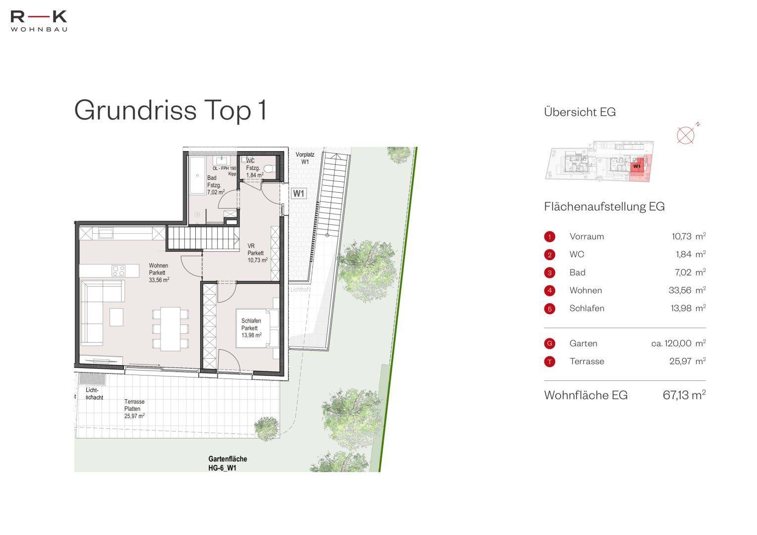 Grundriss des Erdgeschosses von Top 1 mit offenem Wohnbereich, Schlafzimmer, Bad und großer Terrasse.