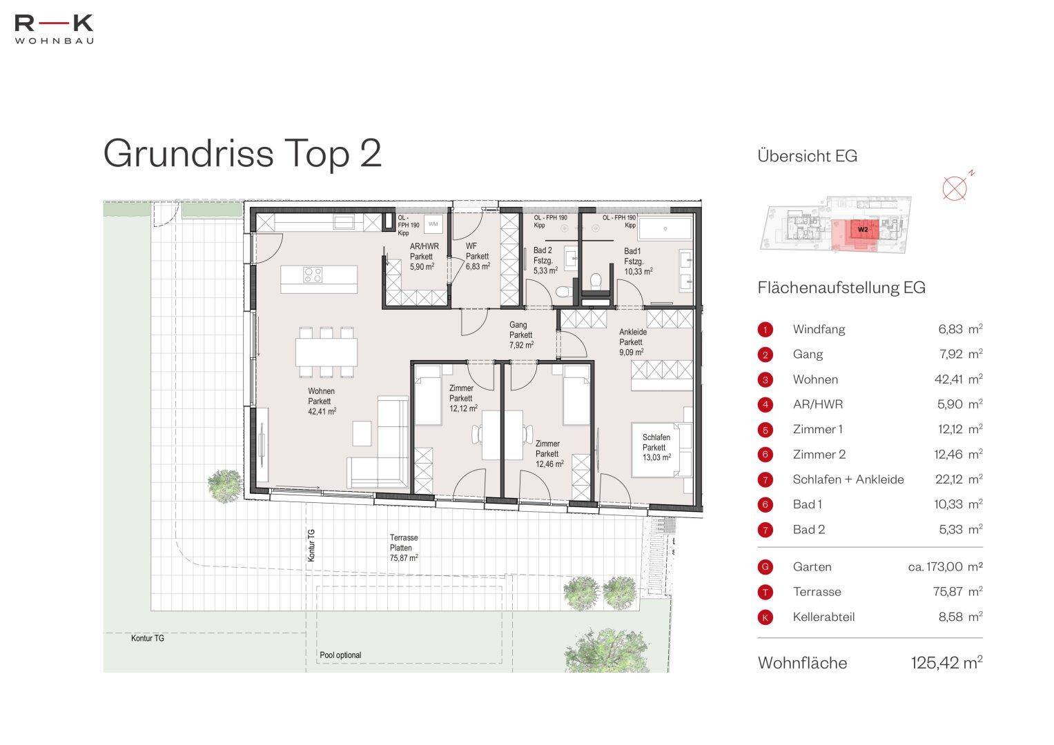 Grundriss der Wohneinheit Top 2 mit offenem Wohnbereich, zwei Bädern und Zugang zu Terrasse und Garten.