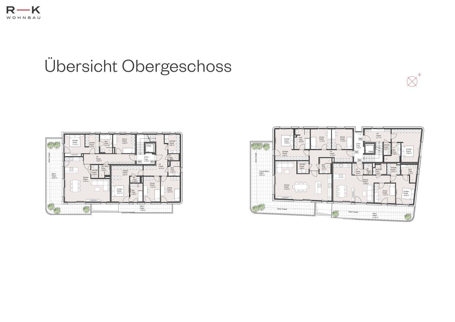 Übersichtsgrundrisse der Wohneinheiten im Obergeschoss des Gebäudes.