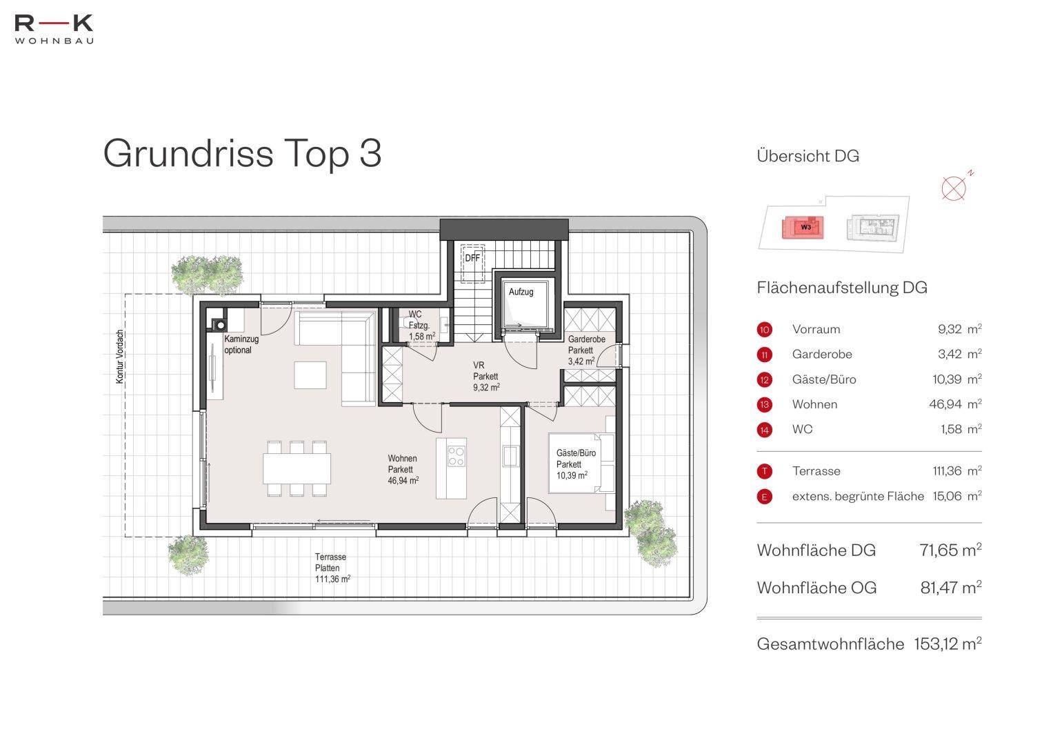 Grundriss des Dachgeschosses von Top 3 mit offenem Wohnbereich und großer Terrasse.