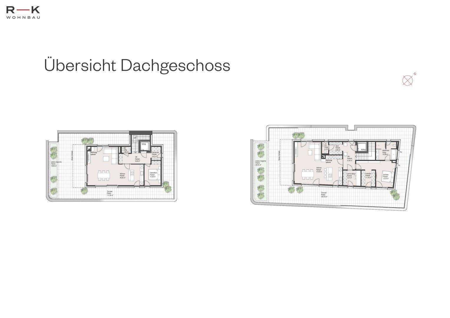Übersichtsgrundrisse der Wohneinheiten im Dachgeschoss des Gebäudes.
