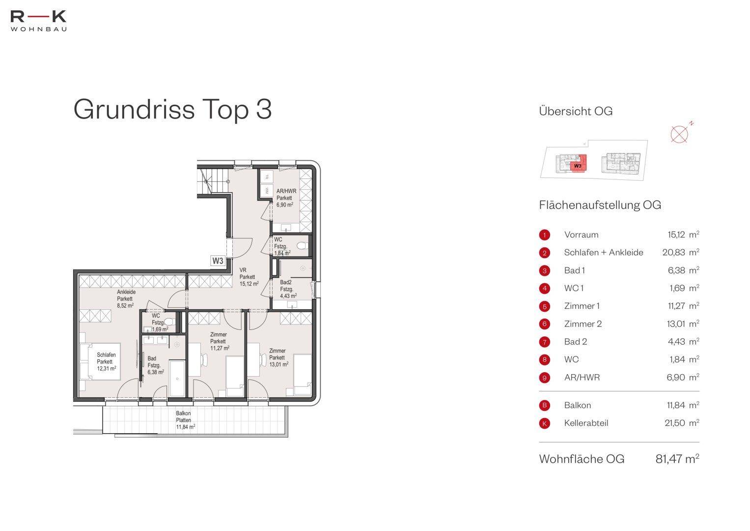 Grundriss des Obergeschosses von Top 3 mit Schlafzimmern, Bädern und Balkonzugang.