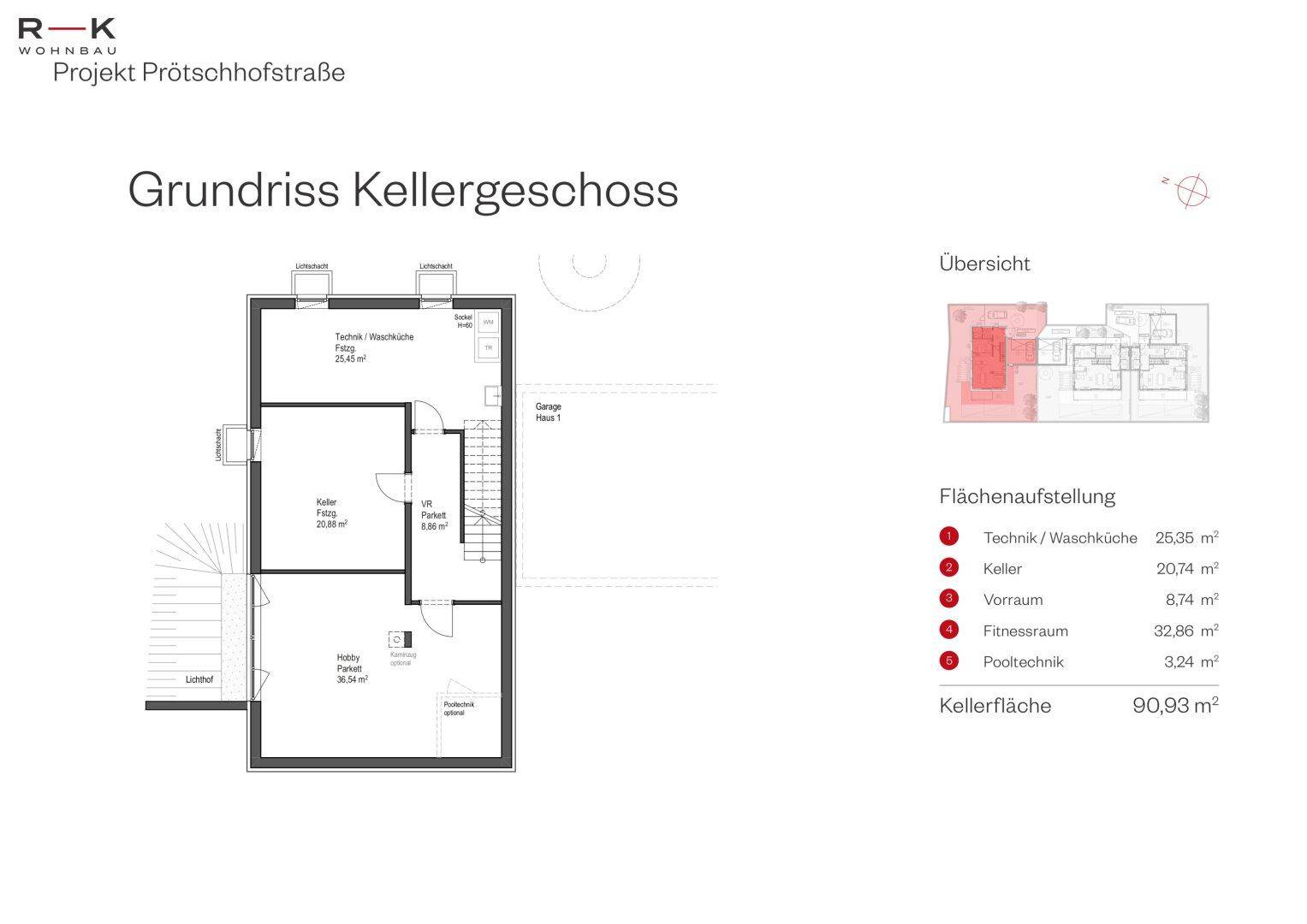 Grundriss des Kellergeschosses mit Technikraum, Keller, Vorraum und Fitnessraum.