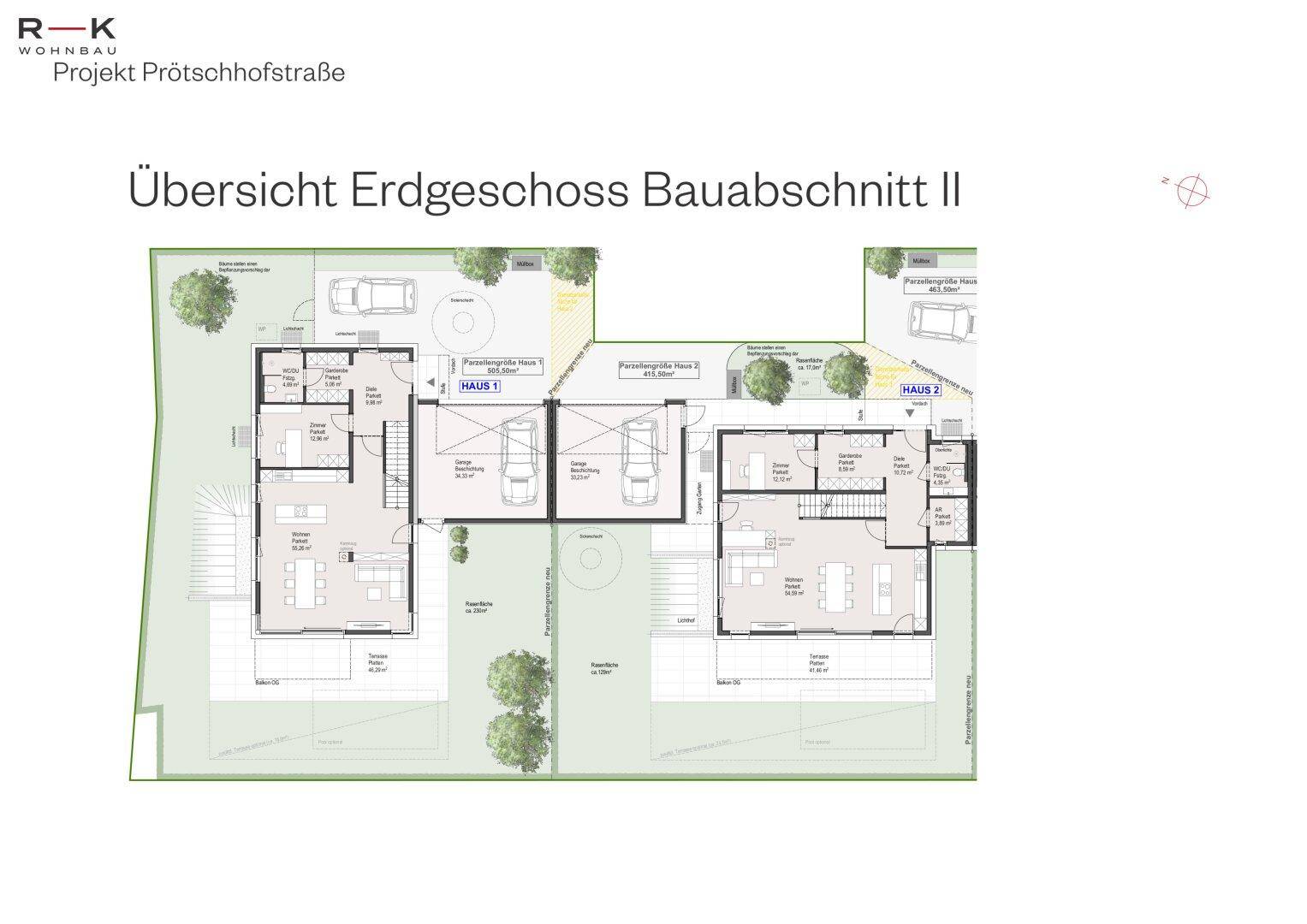 Übersicht des Erdgeschosses von zwei Häusern mit Garagen und Außenbereichen.