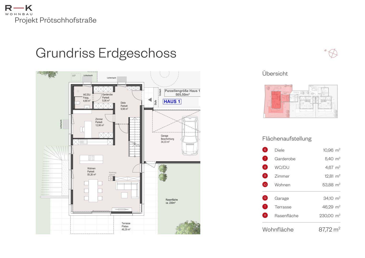 Grundriss des Erdgeschosses von Haus 1 mit Wohnbereich, Küche, Diele und Garage.