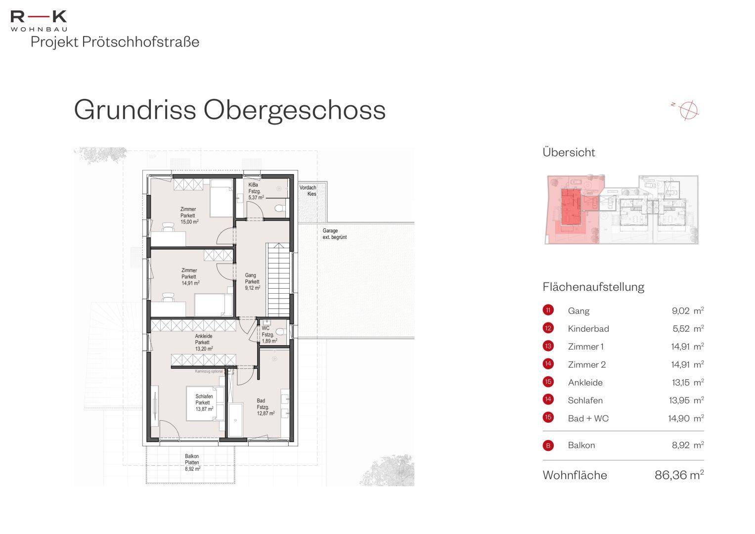 Grundriss des Obergeschosses von Haus 1 mit Schlafzimmern, Bädern und Balkon.
