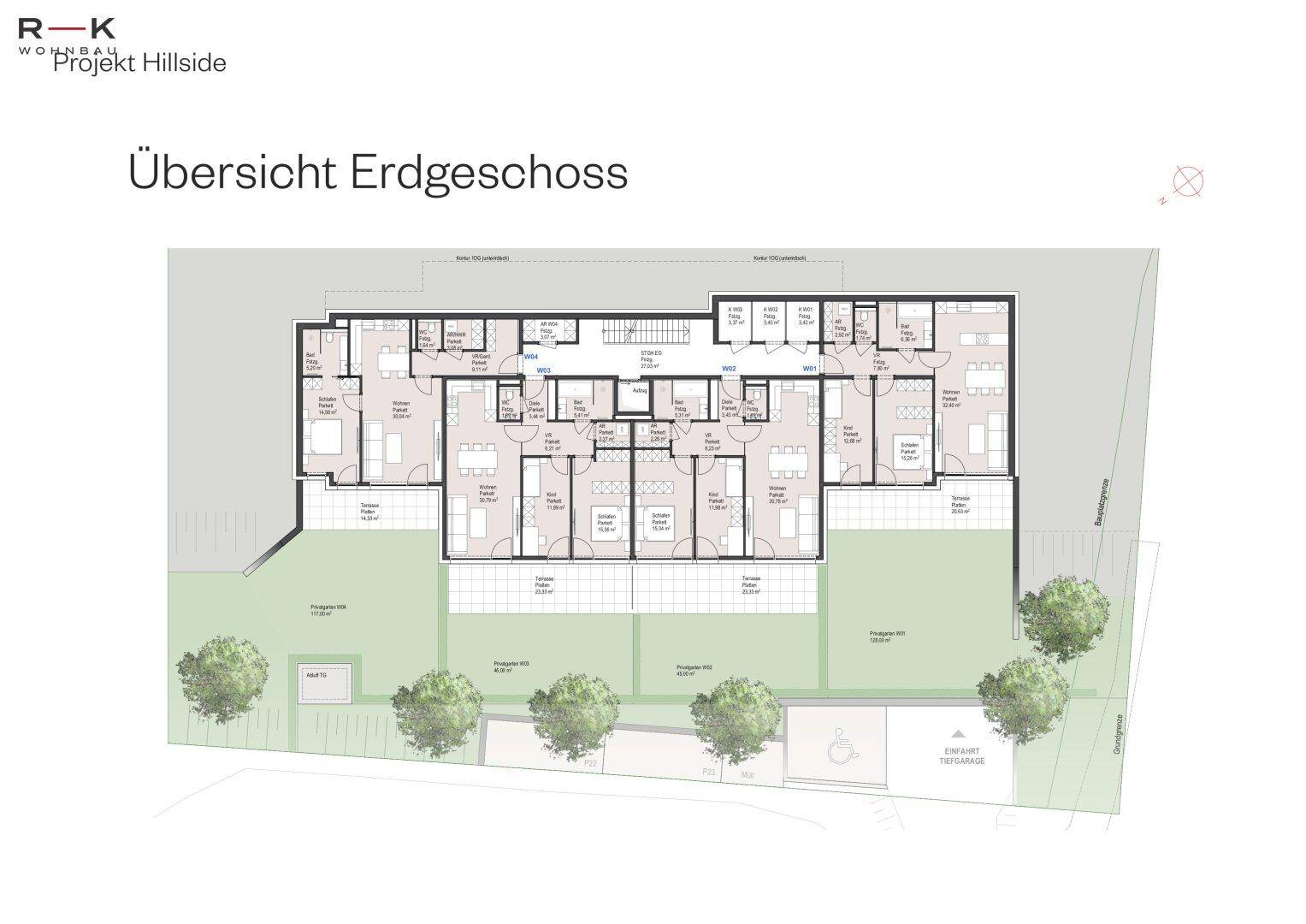 Übersichtsplan des Erdgeschosses mit mehreren Wohneinheiten und Außenbereichen.