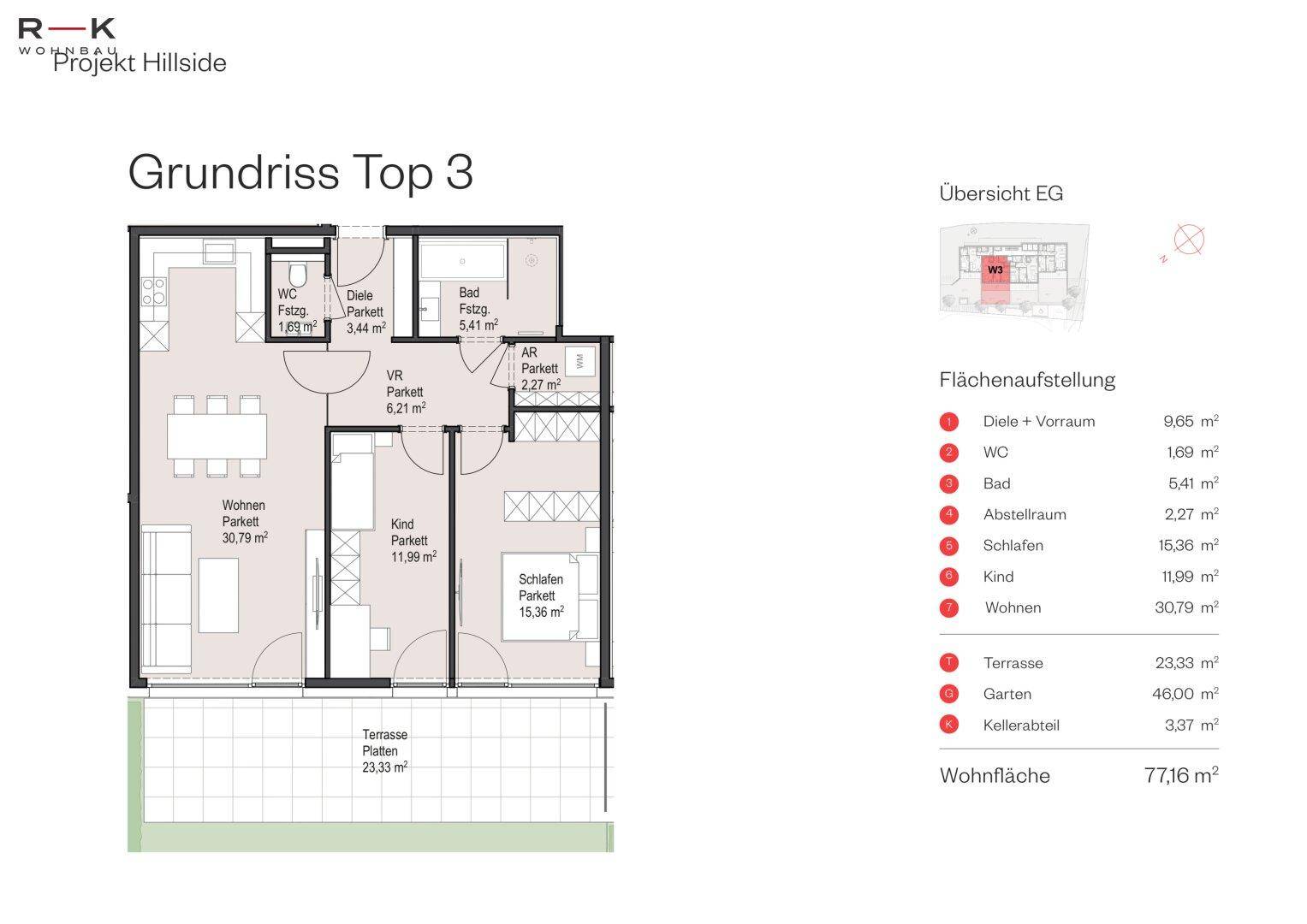 Detaillierter Grundriss einer Wohnung mit drei Zimmern, Terrasse und Gartenanteil.