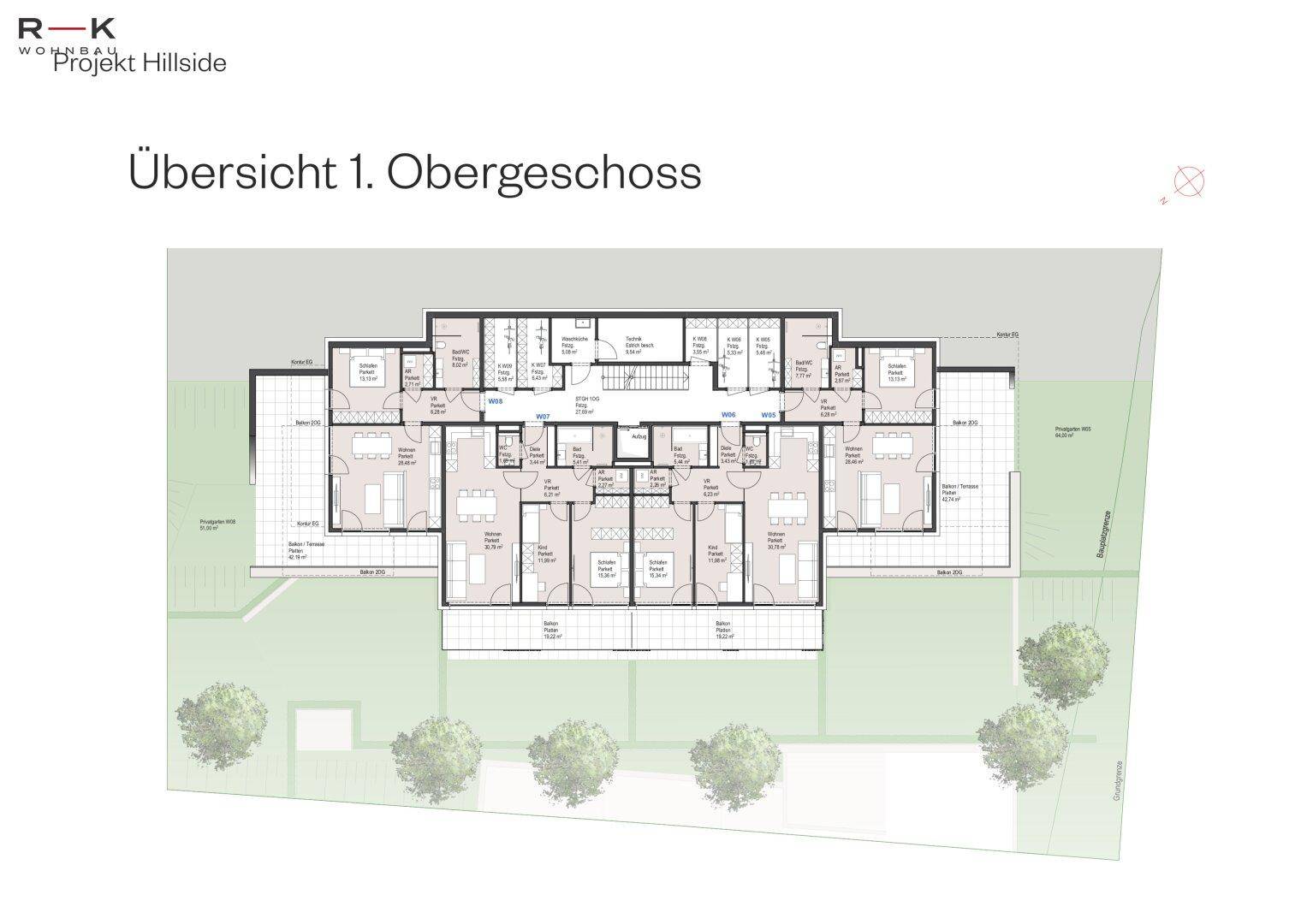 Übersichtsplan des ersten Obergeschosses mit mehreren Wohneinheiten und Außenbereichen.