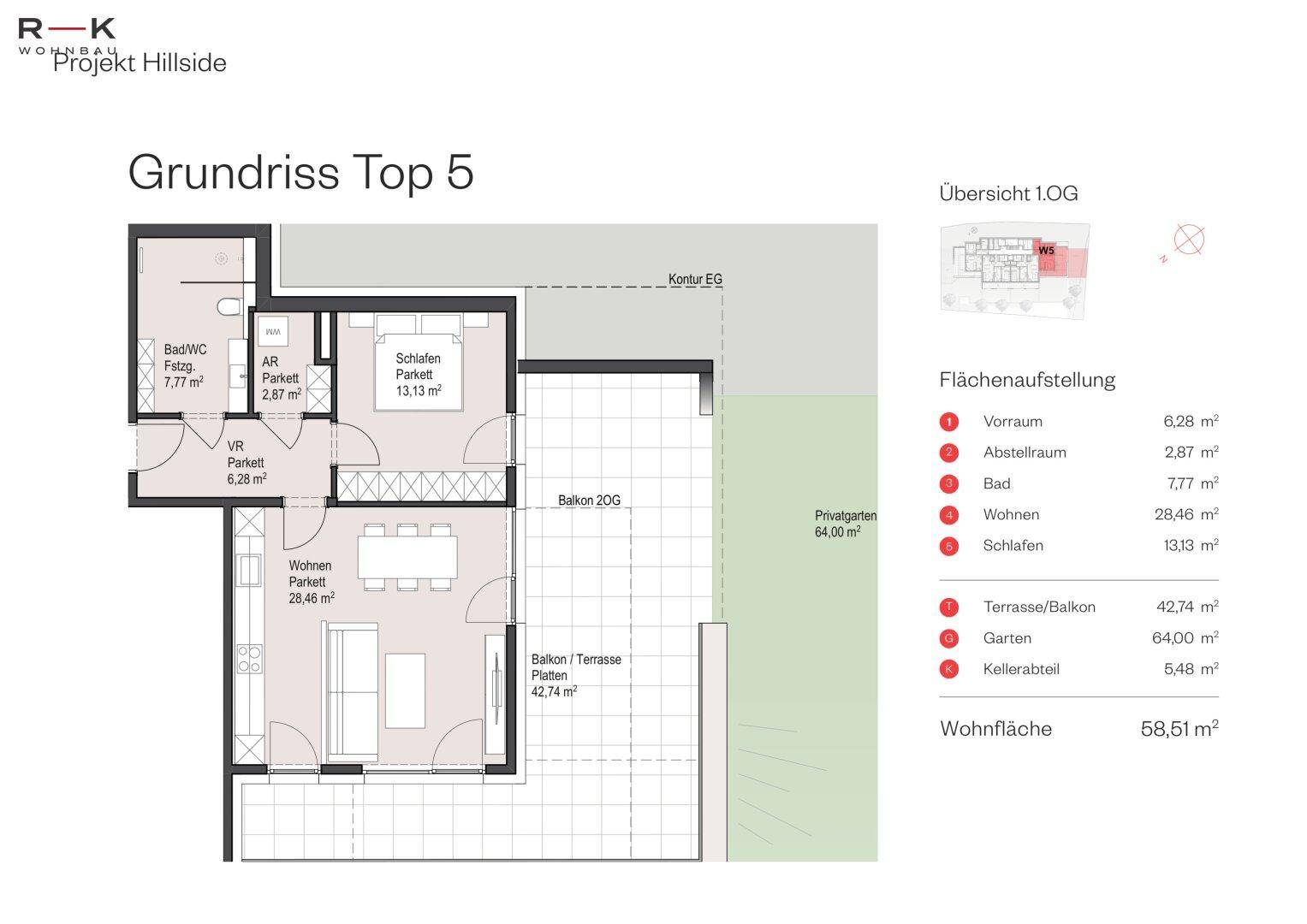 Grundriss der Einheit Top 5 mit Schlafzimmer, Bad, Wohnbereich, Balkon und privatem Garten.