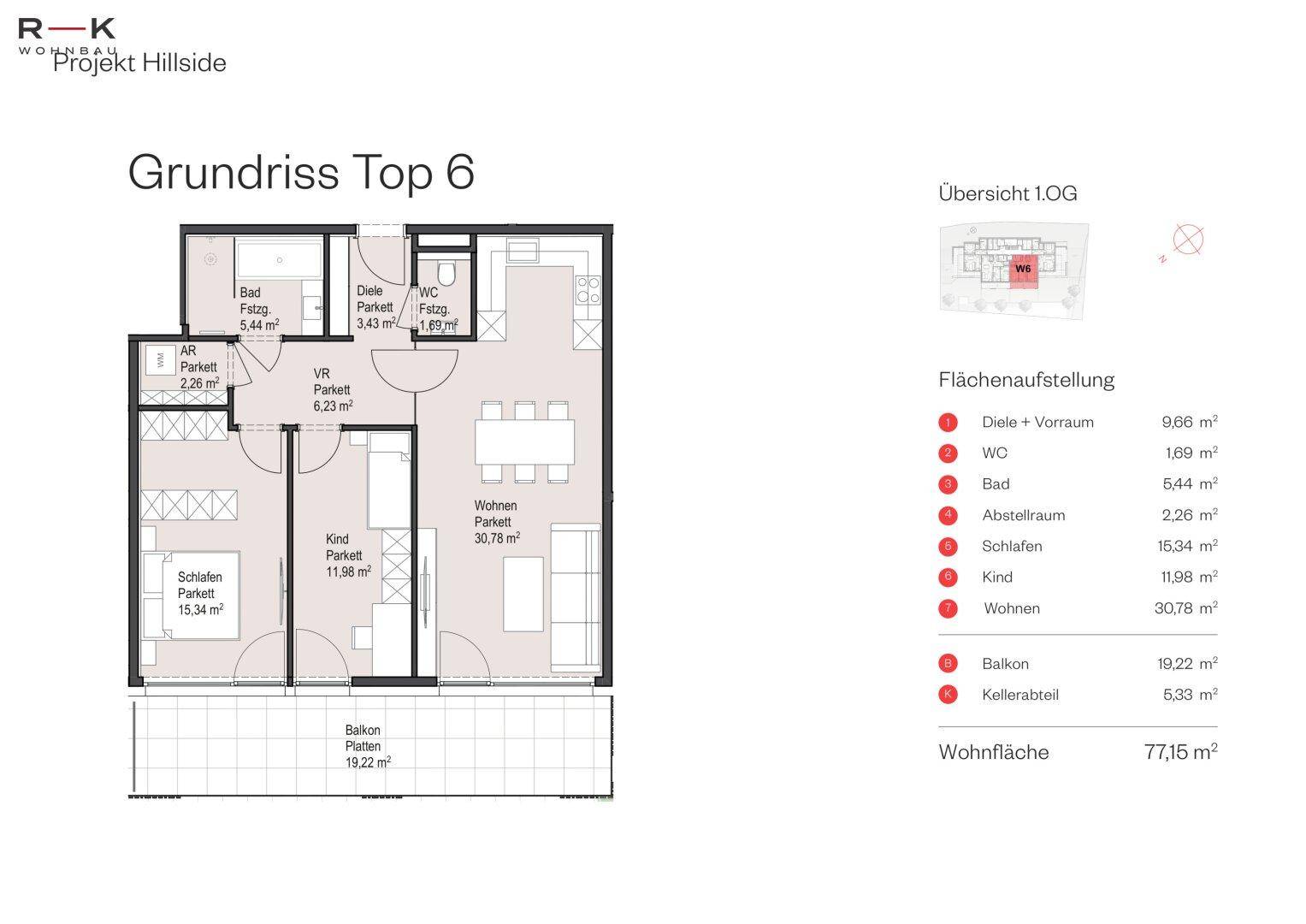 Grundriss von Top 6 mit zwei Schlafzimmern, offenem Wohnbereich und großem Balkon.