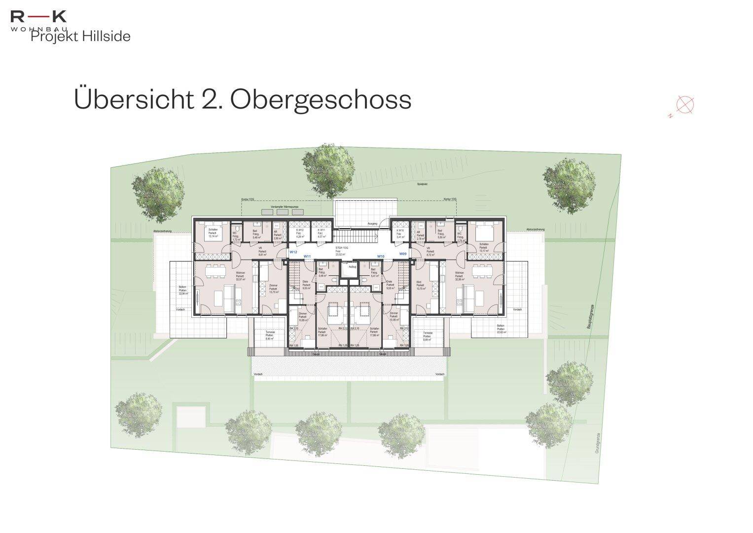 Übersichtsplan des zweiten Obergeschosses mit der Anordnung mehrerer Wohneinheiten.