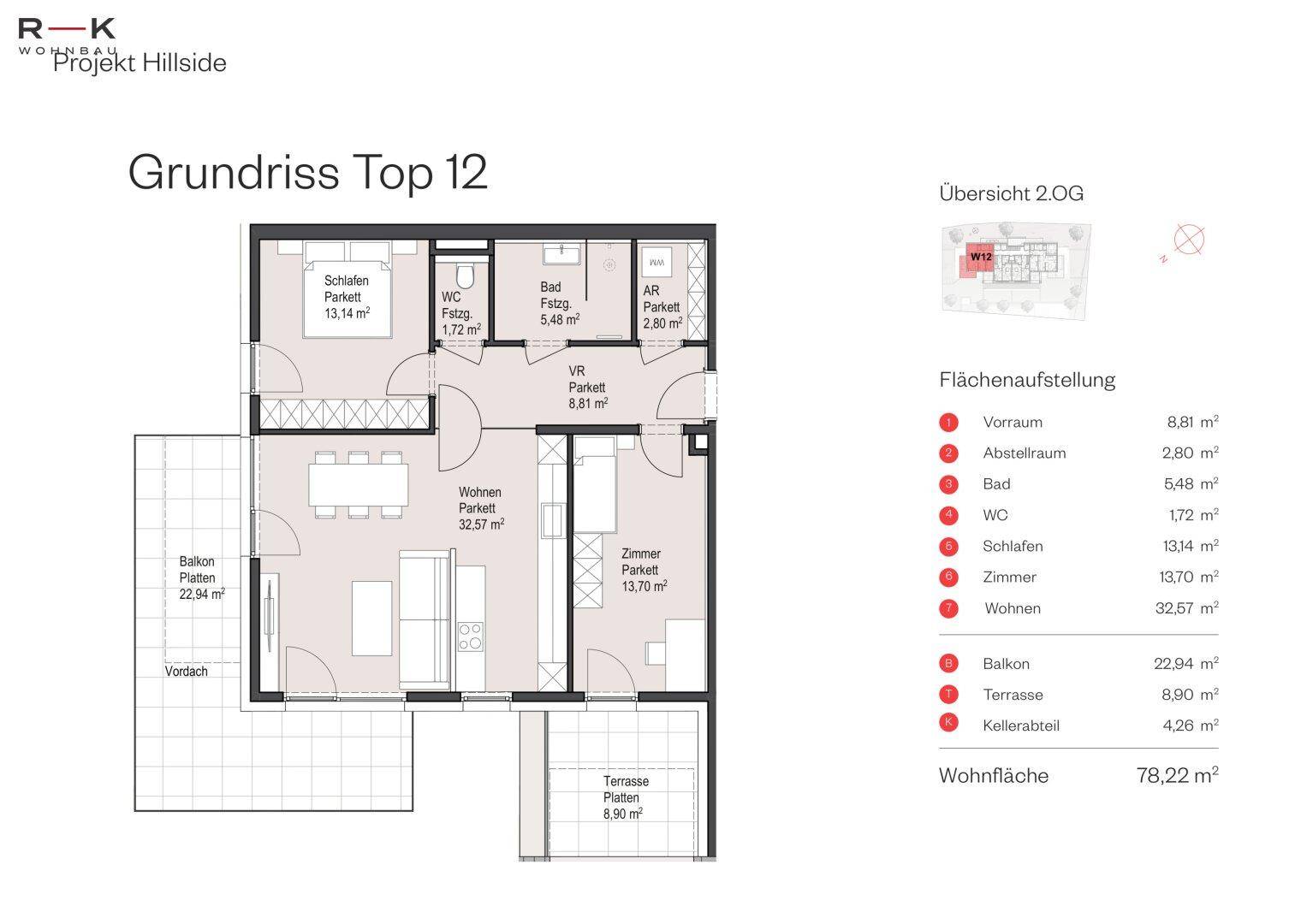 Detaillierter Grundriss von Top 12 mit Balkon, Terrasse und funktionaler Raumaufteilung.